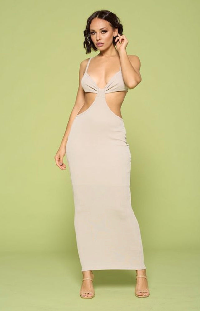 SULTRY NIGHTS CUT OUT BEIGE KNOTTED BANDAGE SPAGHETTI STRAP SLEEVELESS MAXI BODYCON DRESS