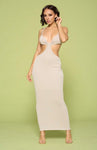 SULTRY NIGHTS CUT OUT BEIGE KNOTTED BANDAGE SPAGHETTI STRAP SLEEVELESS MAXI BODYCON DRESS