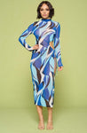 Blue Op Art Signature Print 100% Silk Jersey Sheath Dress